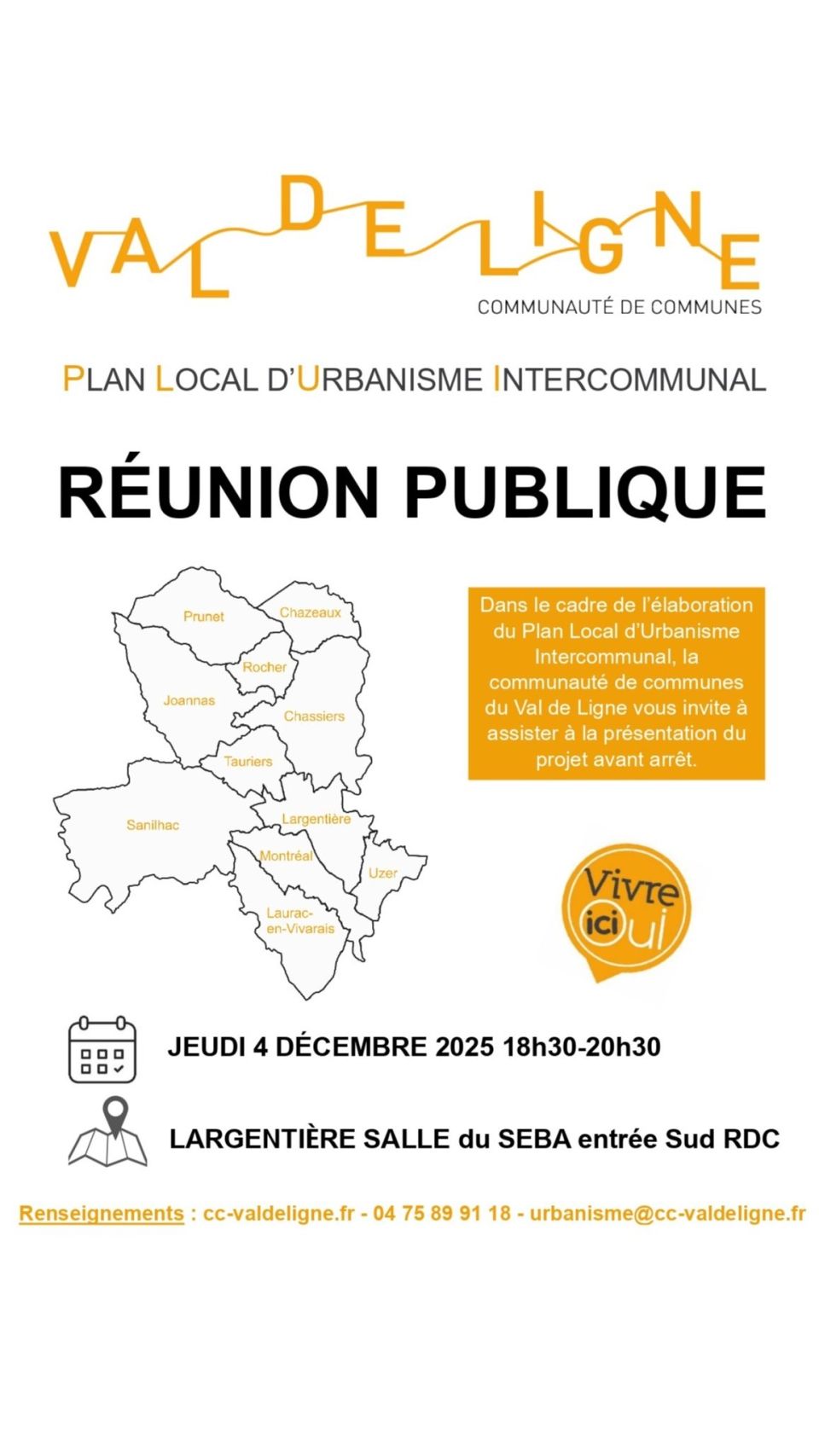 LE 04/12 à 18h30 REUNION PUBLIQUE  PLUI à Largentière salle du SEBA